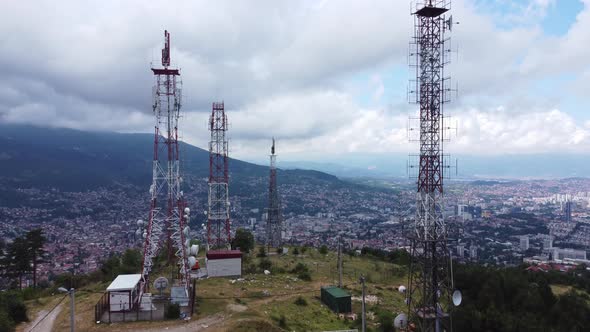 Telecommunication Towers Aerial View 4K