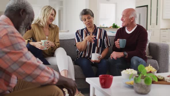 Two diverse senior couples sitting on a couch drinking tea together at home