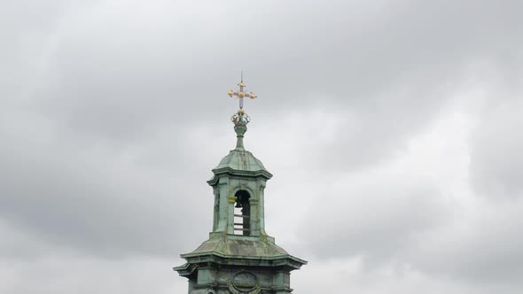 Aerial Drone View Footage of Latin Cathedral Church Dome in City Lviv Ukraine Cloudy Sky Background