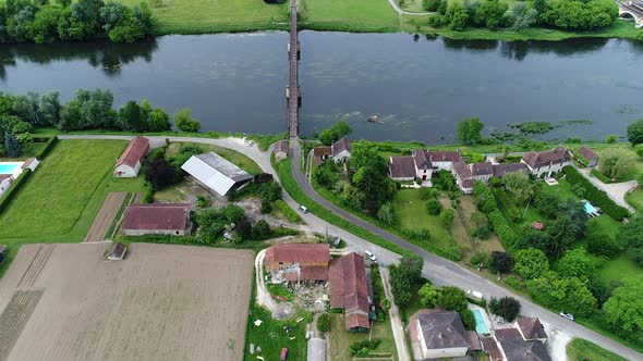 Village of Saint-Cyprien in Perigord in France seen from the sky