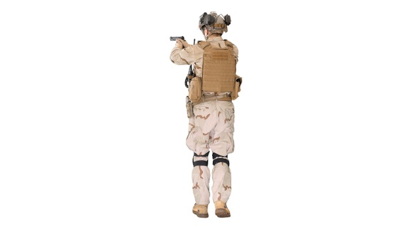 Ranger in Full Combat Uniform Walking on White Background