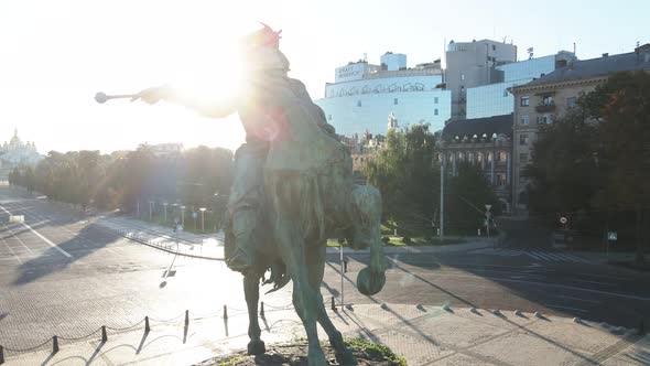 Kyiv, Ukraine: Monument To Bogdan Khmelnitsky in the Morning at Dawn. Aerial View. Slow Motion