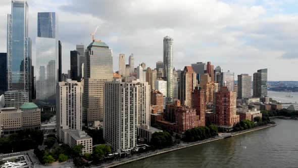 Aerial View of Manhattan Skyline with Battery Park, New York, USA.