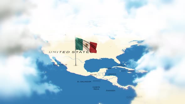 Mexico Map And Flag With Clouds