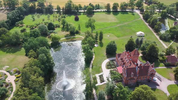 Jaunmoku Brick Medieval Castle Near Tukums, Latvia  Aerial Dron 4k Shot Jaunmokas Manor Park