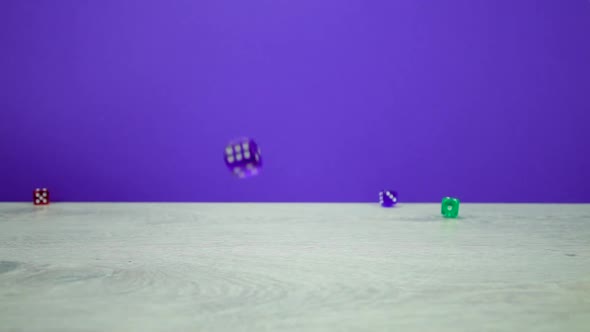 Slow Motion Shot of Multicolored Dice Fall on a Purplebackground