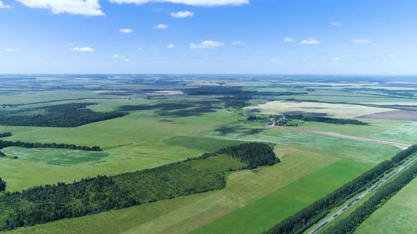 Beautiful view of green agricultural field on cloudy spring day. Drone footage