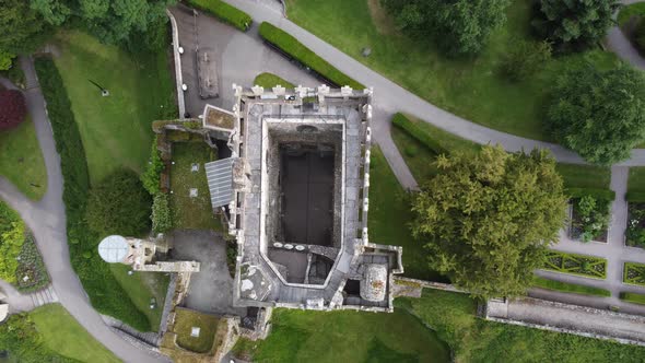 Overhead birds eye view Blarney castle  Ireland drone aerial footage