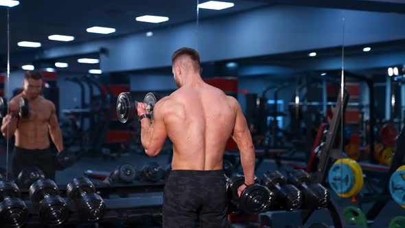 Strong young man with athletic body doing exercises with dumbbells