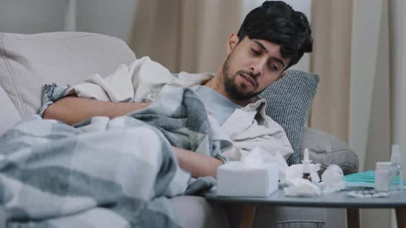 Sick Health Man Arabic Spaniard Guy Feeling Symptoms of Coronavirus Covid Coughing Flu Suffering