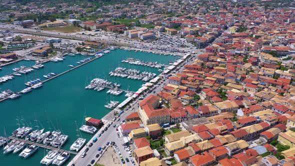 Lefkada, Greece. Aerial view of Lefkada town and marina on the Ionian island. Sailboats in the harbo