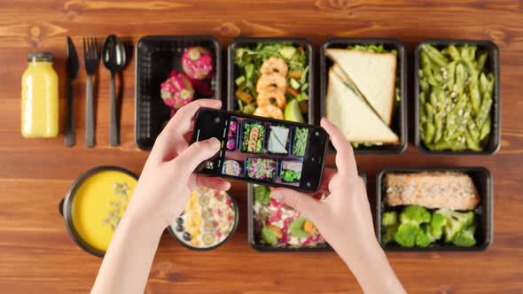 Food Delivery Top View Take Away Meals in Disposable Containers on Wooden Table