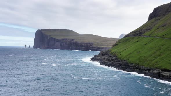 Beautiful Aerial View of Risin and Kellingin the Giant and the Witch View in the Faroe Island