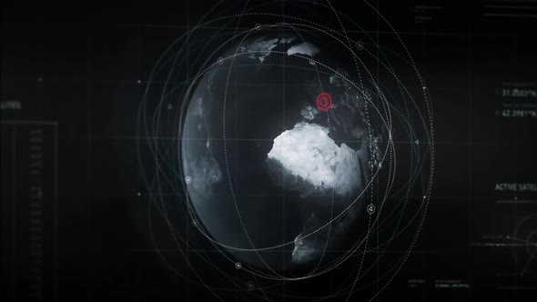 Earth 3D image. Satellites orbiting earth. Red signal. Close up to France. UI