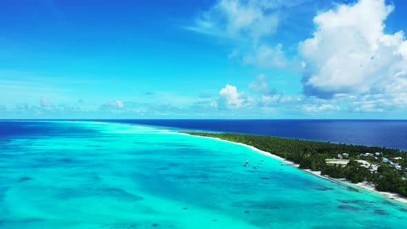 Daytime fly over abstract shot of a paradise sunny white sand beach and aqua blue ocean background