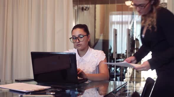 A Team of Two Business Girls Discussing a Business Project in the Office