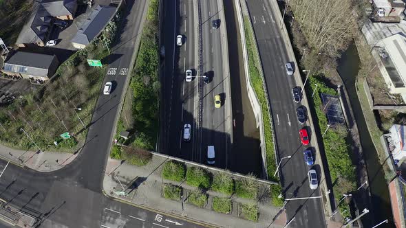 Aerial footage of the A50, A500 motorway, dual carriage way in the heart of the city of Stoke on Tre