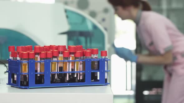 Blood Samples in Test Tubes on the Foreground Copy Space on the Side