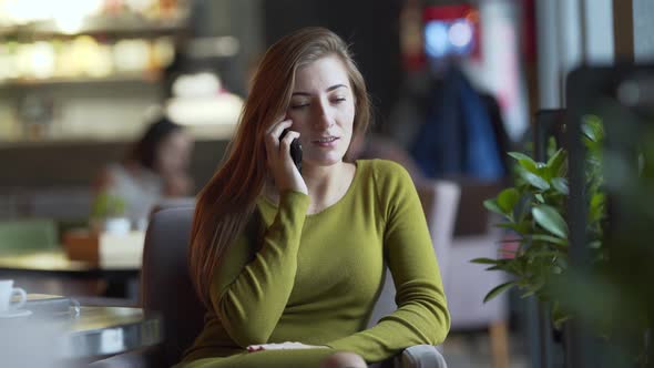 Beautiful girl is sitting in a cafe indoors and talking on the phone. Girl is checking in a notebook