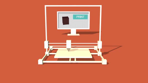 Simple Animation of Printing a plant box with a 3D Printer. Red Background.