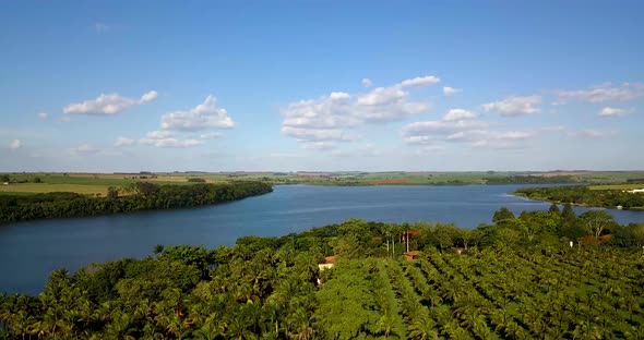 Aerial view of Tiete River in Arealva. Sao Paulo Brazil. Aerial view tilt