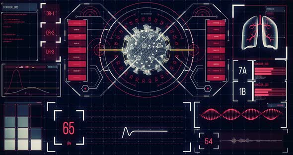 Animation of macro coronavirus Covid-19 cell analyzed on a screen with medical information alt
