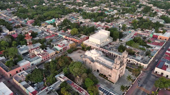 City view Valladolid Yucatan Aerial Drone Fly above Colonial Church Mexican Tour Travel Destination