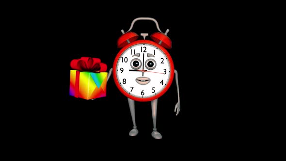 Cartoon Alarm Clock Shows Gift Loop On Alpha Channel