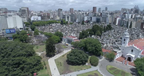 Aerial Drone Scene zoom in of Recoleta Cemetery Historic of Buenos Aires - Argentine.