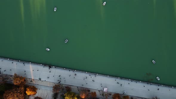 Drone View of the Embankment Along the Great Pond of the Retiro Park