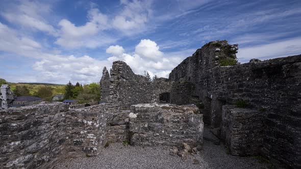 Panorama motion time lapse of Creevelea Abbey medieval ruin in county Leitrim in Ireland as a histor