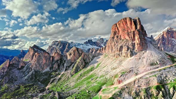 Averau peak in Dolomites near Passo Giau, aerial view, Italy