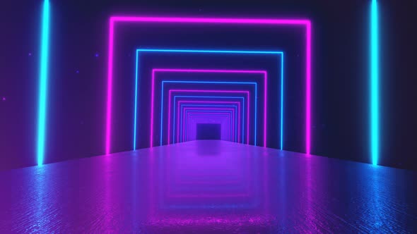 Abstract Motion Geometric Background, Glowing Neon Squares Creating a Rotating Tunnel