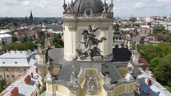 Aerial drone view of a flying over the Catholic Cathedral.