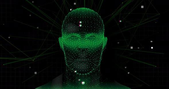 Human head model spinning against flickering light trails on blue background