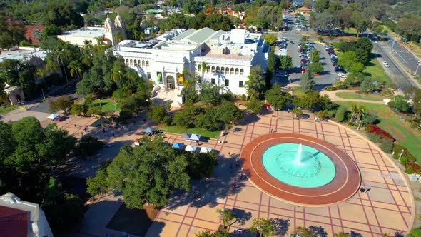 Drone of Balboa Park San Diego museum and water fountain.