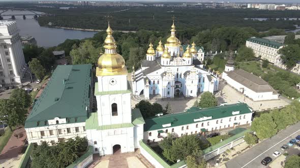 The Architecture of Kyiv. Ukraine: St. Michael's Golden-Domed Monastery. Aerial View. Slow Motion