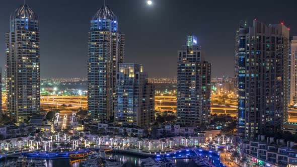 Dubai Marina at Night Timelapse Glittering Lights and Tallest Skyscrapers