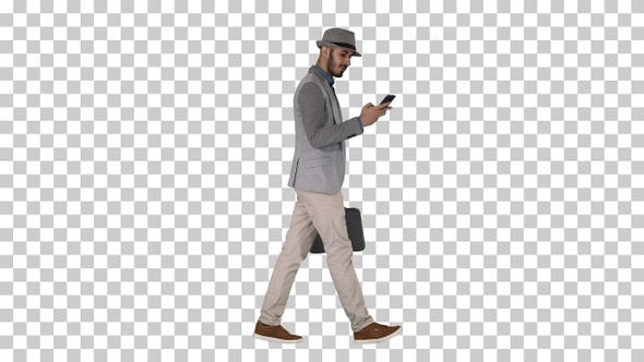Casual Man Texting on Phone and Walking, Alpha Channel
