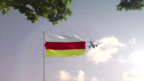 North Ossetia Flag With Airplane And City -3D rendering