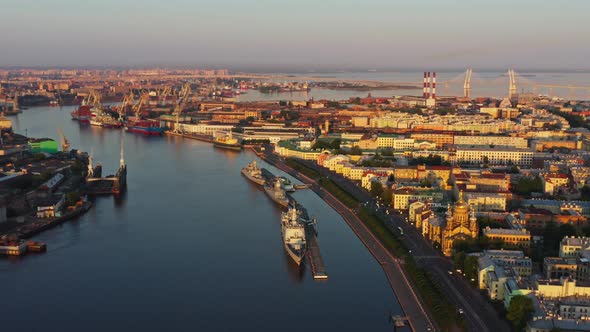 Aerial Morning Cityscape with Warships in the Waters of the Neva River Before the Holiday of the