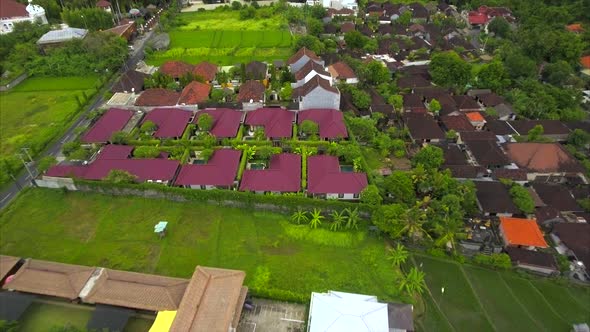 Aerial view of beautiful landscape with balinese village. Denpasar, Bali, Indonesia.