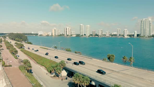 Aerial Drone View of Rickenbacker Causeway and Downtown Miami on a Sunny Day Florida