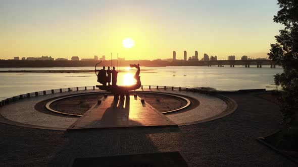 Kyiv, Ukraine - a Monument To the Founders of the City in the Morning at Dawn. Aerial