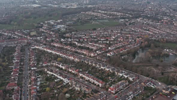 Drone shot over suburban north London near Alexandra palace