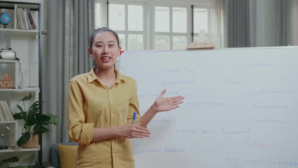 Asian Female Teacher With Marker Pen Teaching English At Home