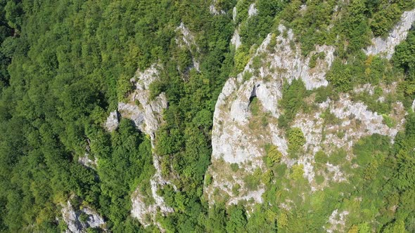 Flying Above Limestone Cliffs and Deciduous Forest. Aerial View