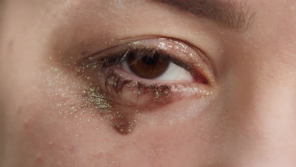 Closeup of Crying Brown Eye Shiny Eye Shadows on the Eyelids Smeared Mascara Watery Eye of Young