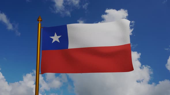 National flag of Chile waving with flagpole and blue sky timelapse