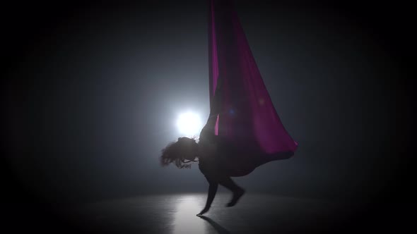 Woman Aerial Gymnast Performing on Violet Silk in Circus Stage. Exciting Acrobatic Show 065